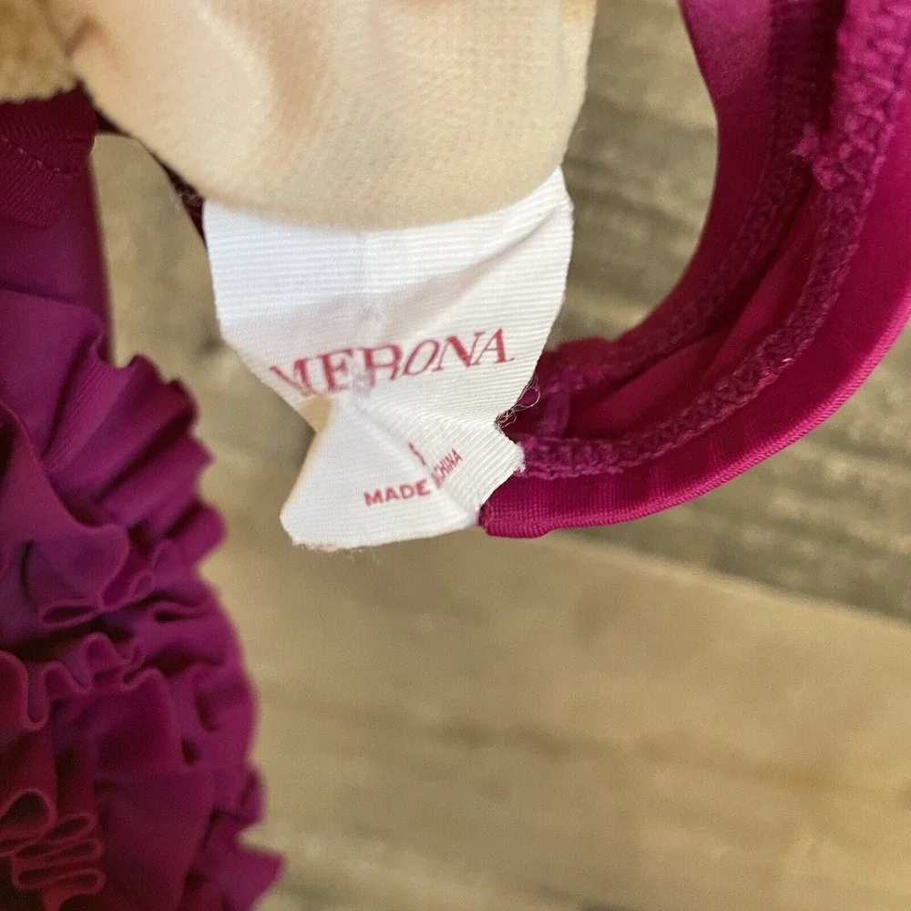 Merona Halter Tankini Swim Top Size S Magenta Ruffle Flower Padded No‎ Underwire